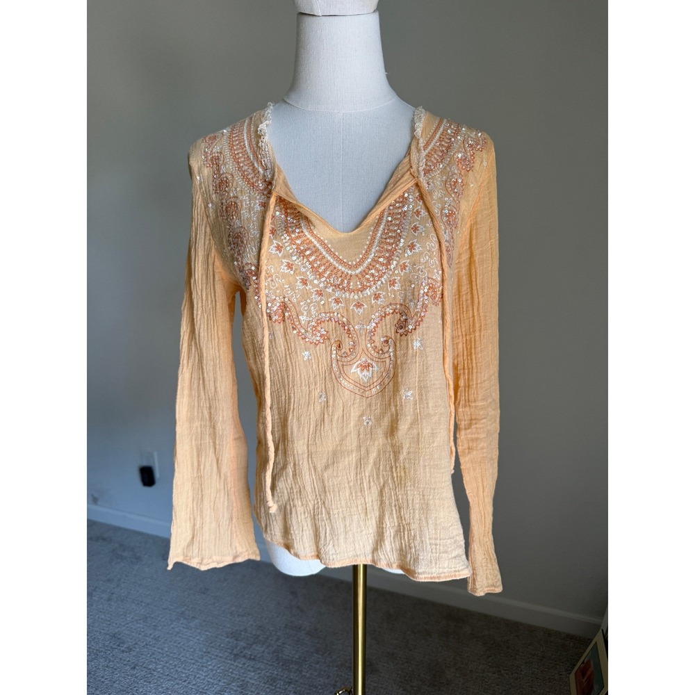 Y2K Peach Embellished Sequin Tunic Top Bell Sleeve Mallcore Fairy Mcbling Medium